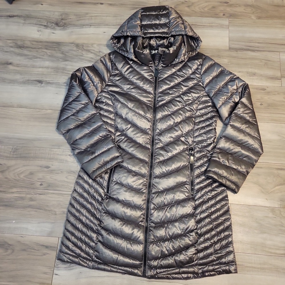 Calvin Klein Women Packable Puffer Jacket Gray Down Hooded Full Zip Size L